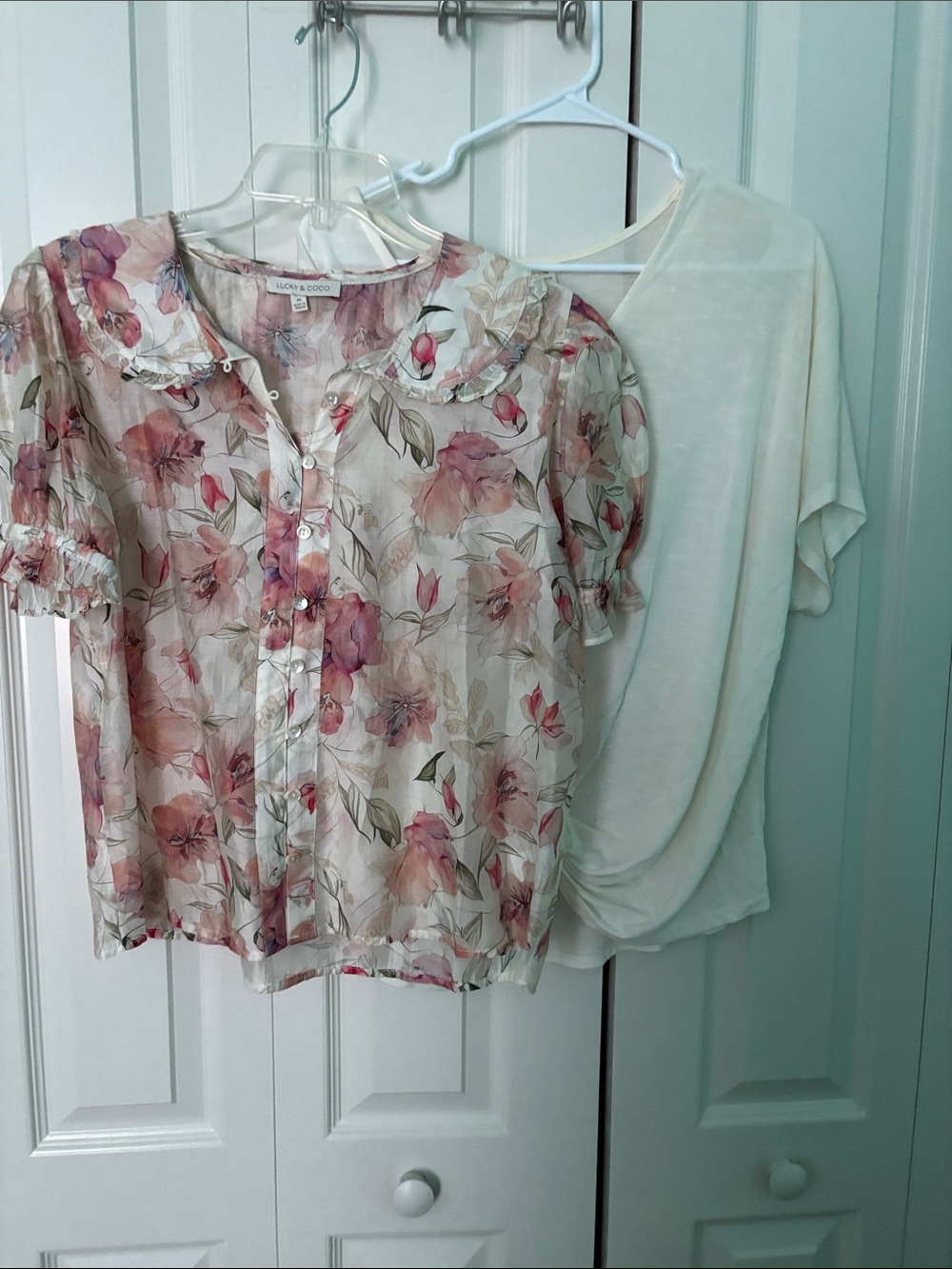 Lucky & Coco Floral Sheer Button-Front Blouse in Pink. Alta Cream Blouse. Size M